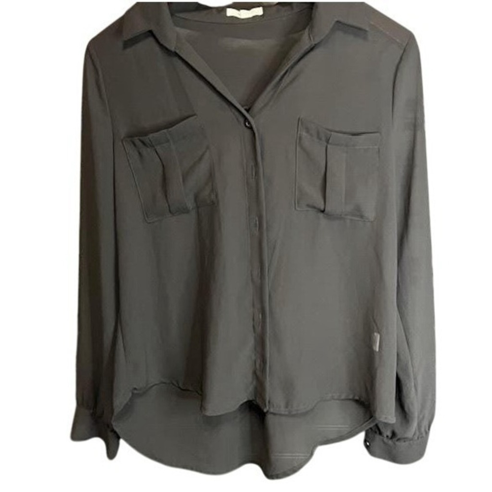 MINE Sheer Black Button Down Blouse Top with Pockets Size S